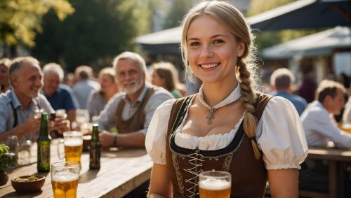 ai generated, girl, server, beer, nature, beer garden, summer, eurosummercontest, celebration, bavaria, dirndl, folklore, pleasure, friends, group, costume, tradition, traditional, pretty, fashion, fashionable